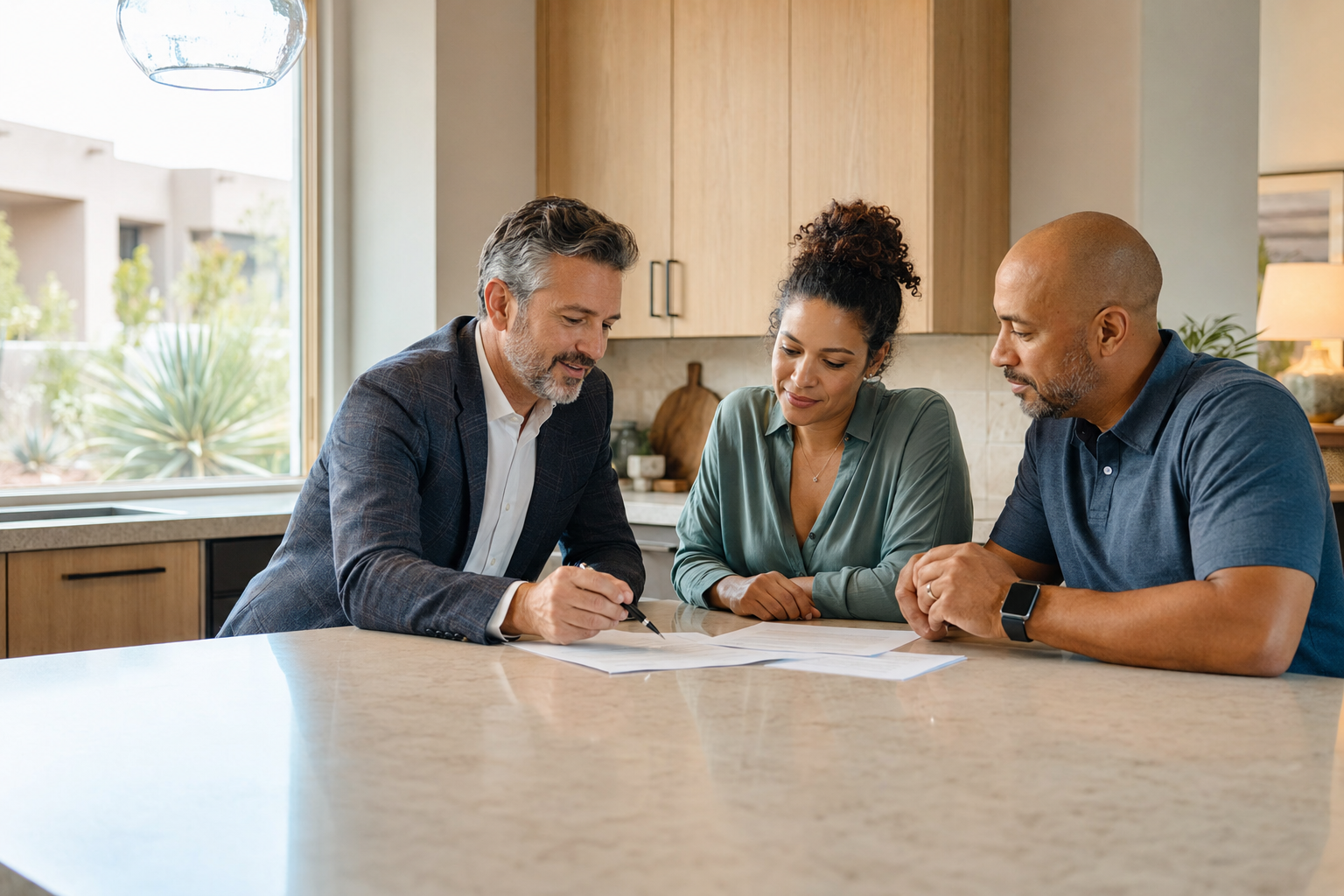 A real estate specialist reviewing selling options with homeowners